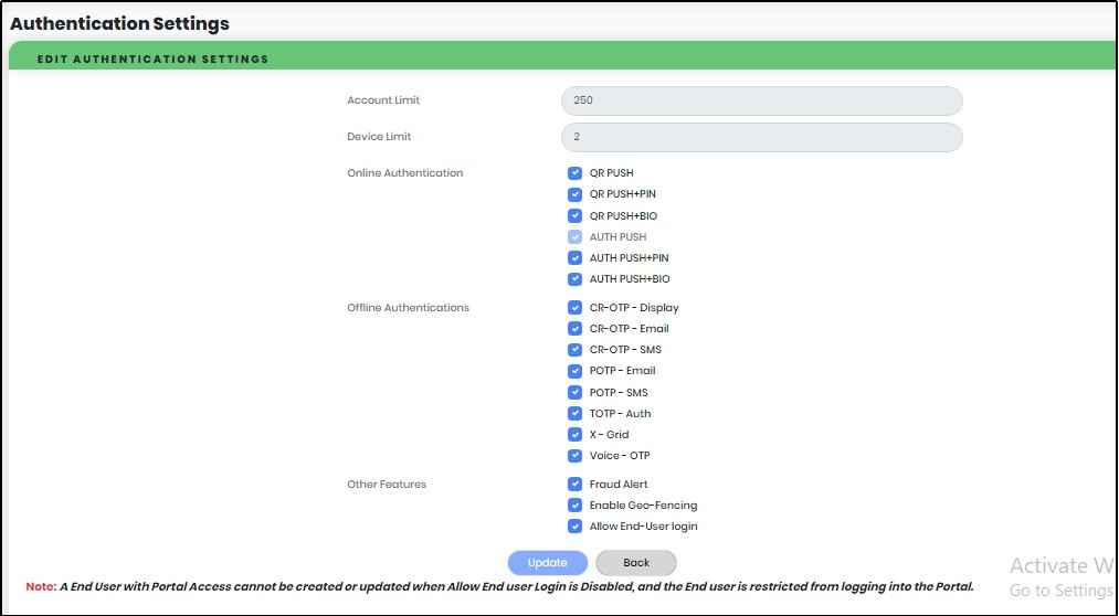 Authentication Settings Screen - CyLock